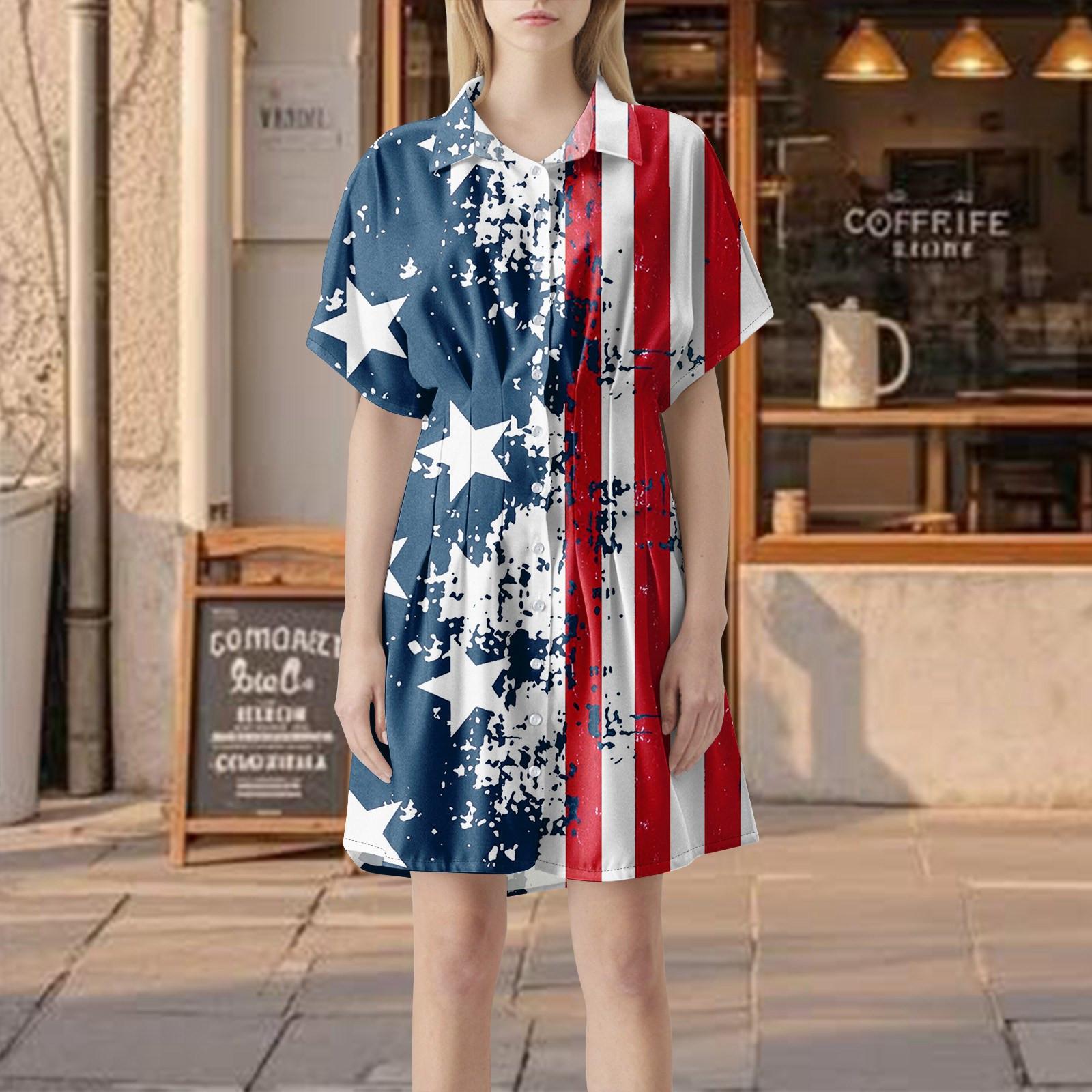 

Женское плиссированное полосатое платье-рубашка с пуговицами спереди, плиссированная рубашка с коротким рукавом, летнее повседневное короткое платье с принтом «День независимости» S