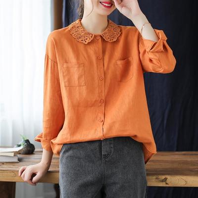 Cotton Lace Collar Shirt for Women Spring Art Retro Loose Oversized Casual Slimming Long Sleeved Top