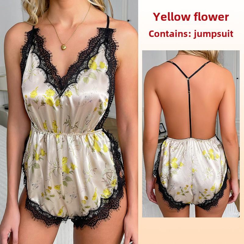 Sexy Temptation Suspender Tílko Šortky Pyžamo Jednodílné ledové hedvábné pyžamo Loungewear s límečkem