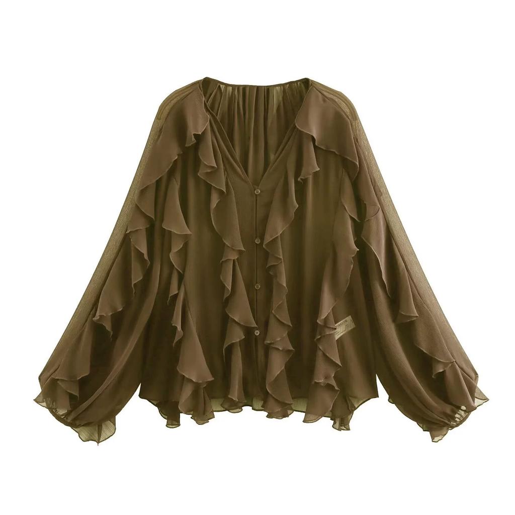 Women's V Neck Long Sleeve Blouse with Layered Ruffle Decoration Button Front Loose Fit Fashion Shirt Top for Casual Office Wear