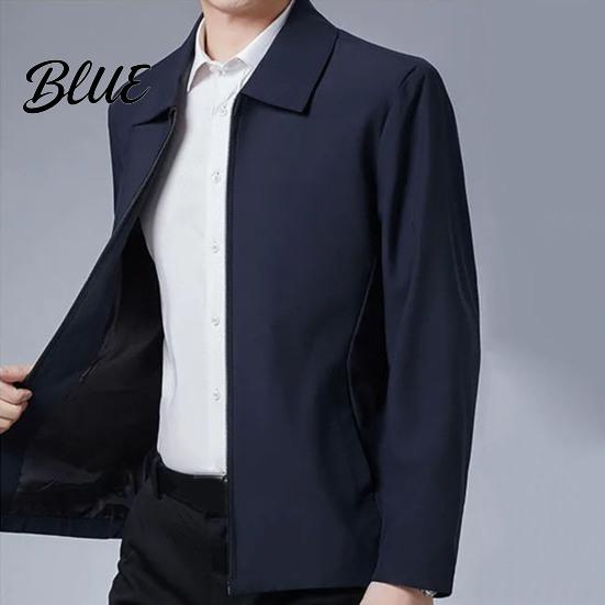 Zip Up Men Coat Jacket Lapel Solid Color Mid-aged Elderly Long Sleeve Zipper