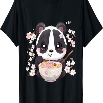 Otaku Kawaii Anime Panda Eat Ramen Noodles Cherry Blossom T-Shirt(7)