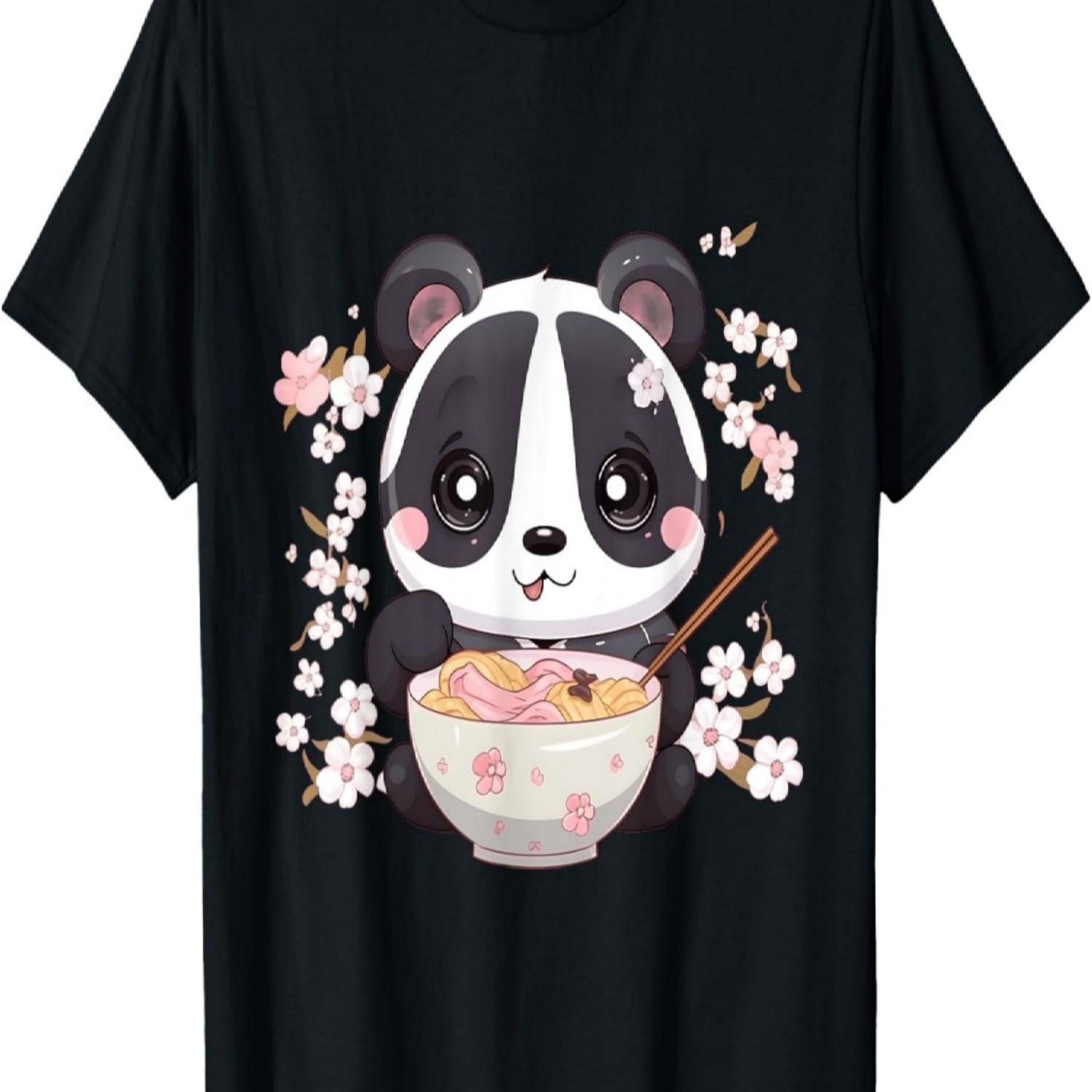 Otaku Kawaii Anime Panda Eat Ramen Noodles Cherry Blossom T-Shirt(7) S чёрный
