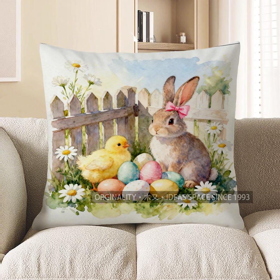 2D Easter Bunny & Chick With Colorful Eggs Pillow Pattern Cushion Cover Suitable For Sofa Bedroom Car Pillow Cover