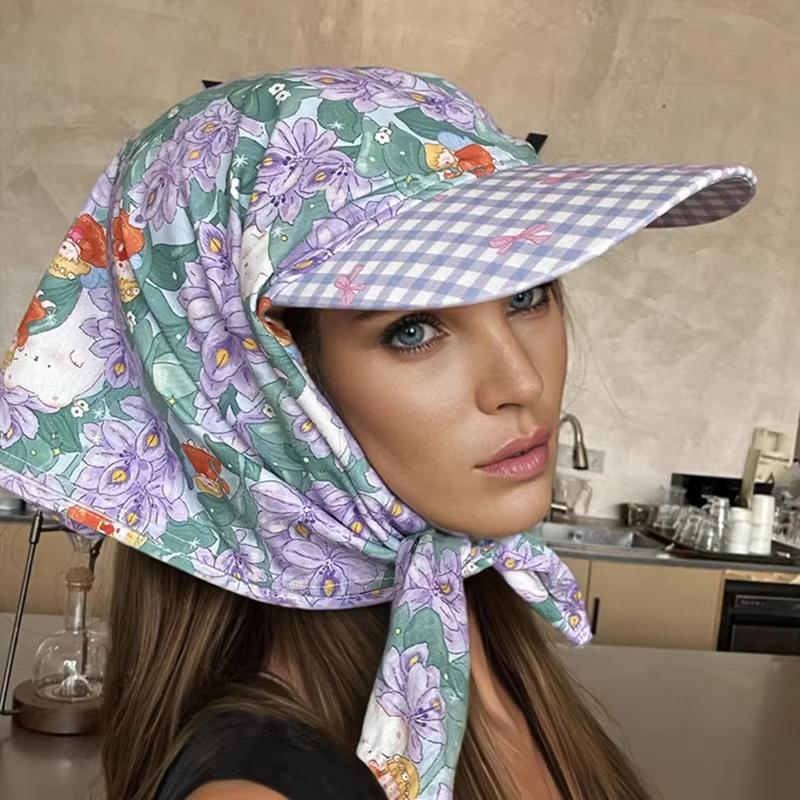 Womens Korean Headscarf Cap with Strap Sun Visor Triangular Cap Pastoral Design for Summer Streetwear