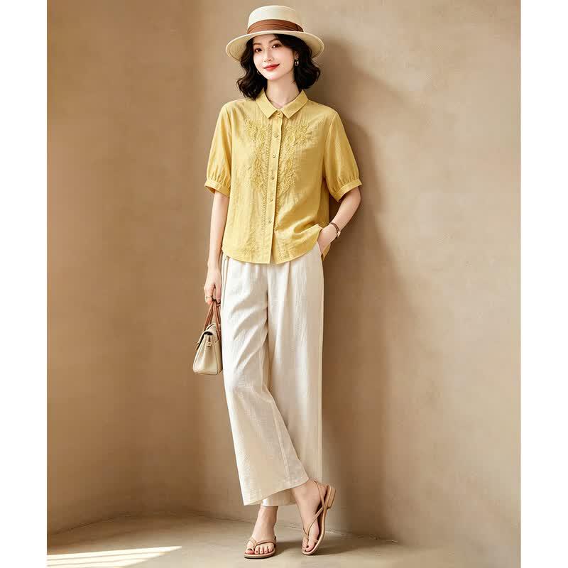 EST+II Gentle Embroidered Lapel Top & Wide-Leg Cropped Pants Set