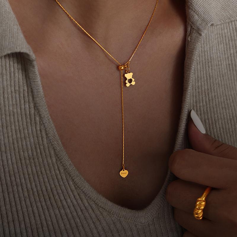 Hollow Bear Pendant Adjustable Necklace For Women 316L Stainless Steel Gold Plated Waterproof Women's Necklaces Girls Neck Chain