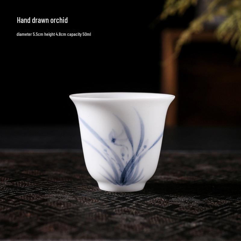 Lamb Fat Jade Hand-Painted Ceramic Gongfu Tea Set with Gaiwan, Tasting, and Host Cups