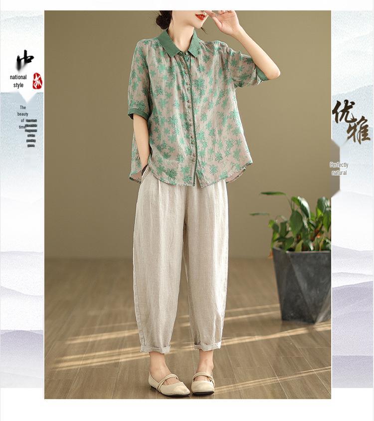 2025 Κορεάτικου Στυλ Μεγάλο Μέγεθος Αδυνατιστικό Ρετρό Δύο Τεμαχίων Βαμβακερό Λινό Καλοκαιρινό Κοστούμι για Γυναίκες