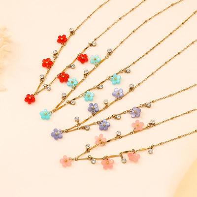 New Stainless Steel Rhinestone Flower Pendant Necklace