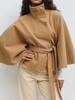 Women's Autumn/Winter Stand-up Collar Solid Color Cloak with Waist Belt and Button Details