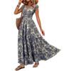 Women Vintage Printed V Neck Waist Cinched Maxi Dress Short Sleeve Casual Boho Style Summer Long Dress