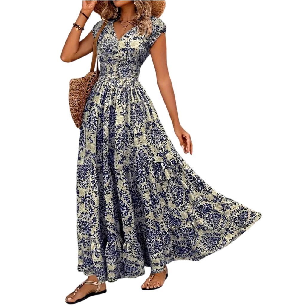 Women Vintage Printed V Neck Waist Cinched Maxi Dress Short Sleeve Casual Boho Style Summer Long Dress