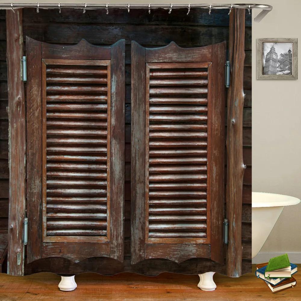 Bauernhaus Dekorativer Duschvorhang aus Holztür Retro Rustikale Scheunenholztür Europa Western Country Home Decor Badvorhanghaken