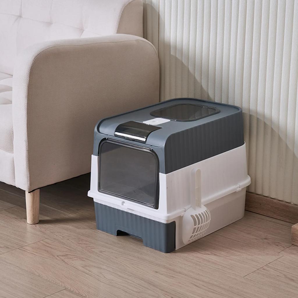 Portable Collapsible Cat Litter Pan with Splash Guard and Plastic Scoop - Pet Litter Box with Lid, Easy To Clean and Assemble