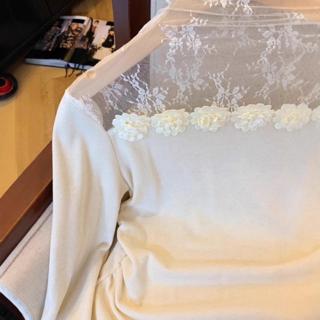 Mesh Pile Collar Three-dimensional Flower Base Shirt Korean Style Slim Long-sleeved T-shirt Top