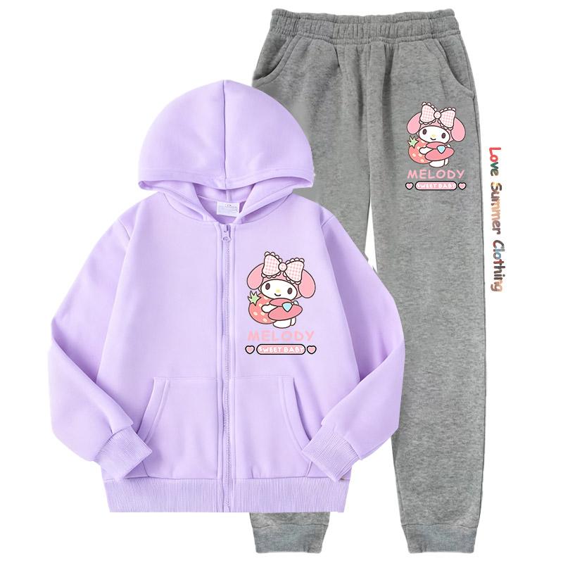 2pcs Girls Cat Print Hooded Jacket Kuromi Sweatpants Set Soft MelodyZip Up Hoodie with Pockets Long Sleeve Casual Outfit for Spring Fall for Outdoor