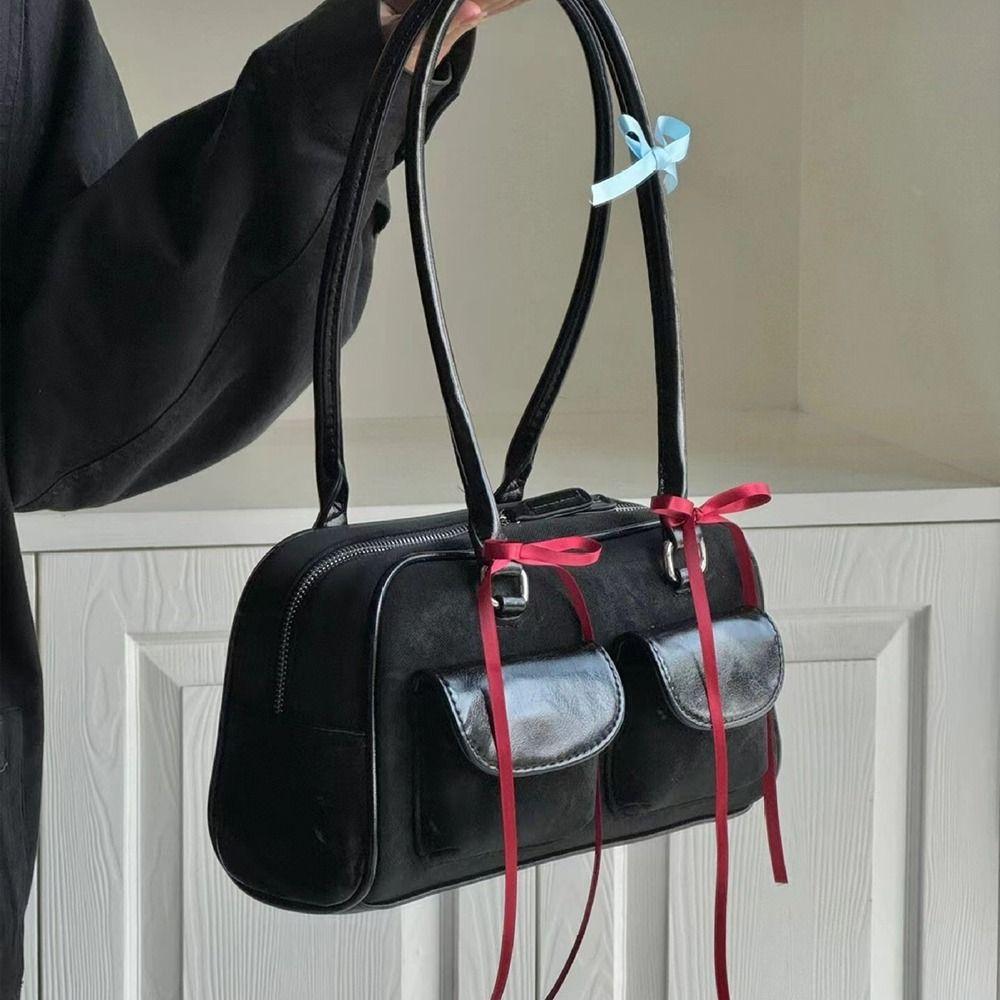 

Милые сумки на плечо с бантом, двойные карманы, женские сумки, корейская сумка-тоут Y2K Boston для девочек чёрный