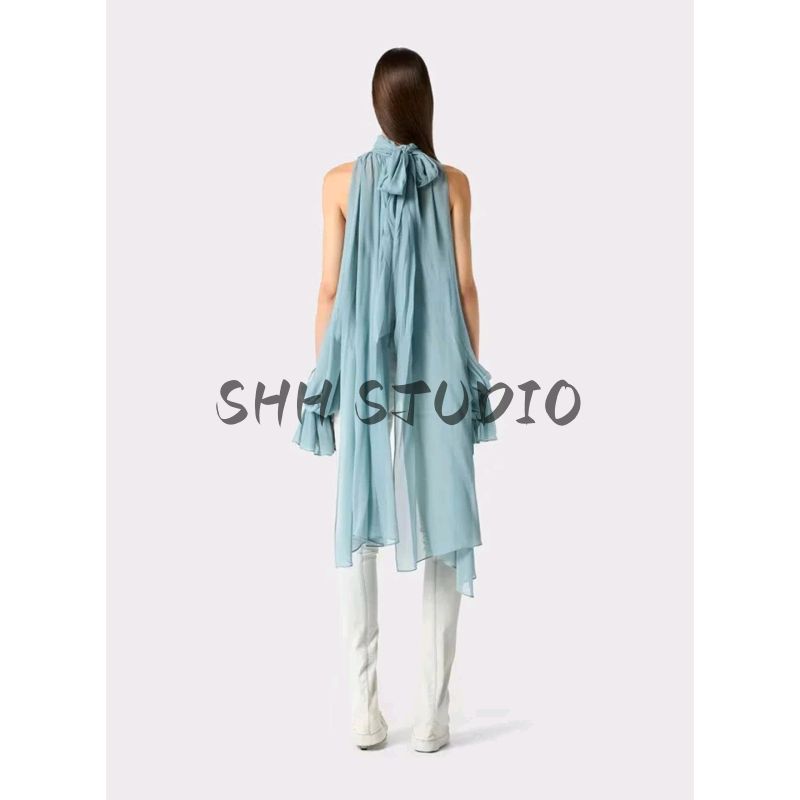 Summer New Product Women's Clothes French Asymmetrical Design Stand Collar Strap Ribbon off-Shoulder Loose Chiffon Long Shirt