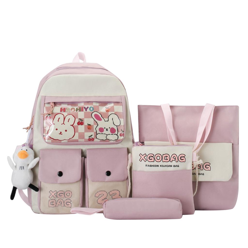 New student four-piece Korean version of cute campus sweet girl backpack large capacity rabbit print leisure bag