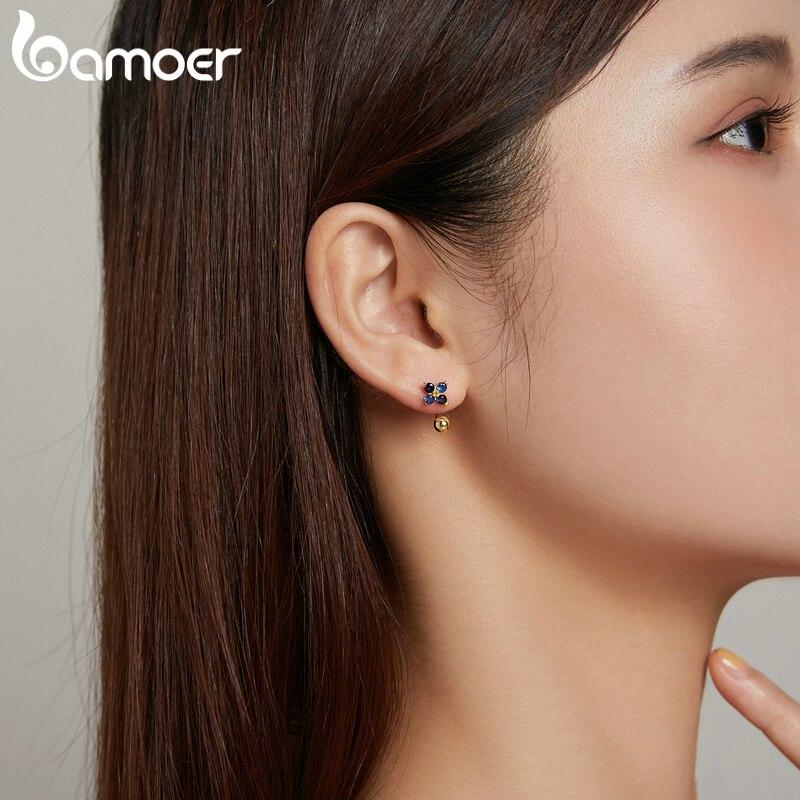 Bamoer Authentic Lucky Blue Crystal Earring Studs Four Leaf Clover Hoop Earrings for Women Engagement Jewelry