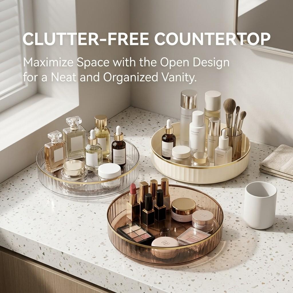 360 Rotating Makeup Organizer Vanity Tray Round PET Plastic Perfume Stand Cosmetic Skincare Bedroom Bathroom Storage Shelf Rack