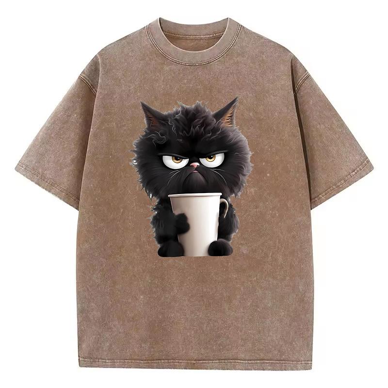 T Shirt Vintage Coffee Cat Washed Cotton TShirt Graphic Tee Casual Streetwear Spring Summer
