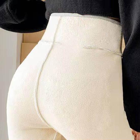 Winter Pencil Pants Leggings Slim Fit Solid Color High Waist Pockets Fleece Warm Thicken Soft for Home