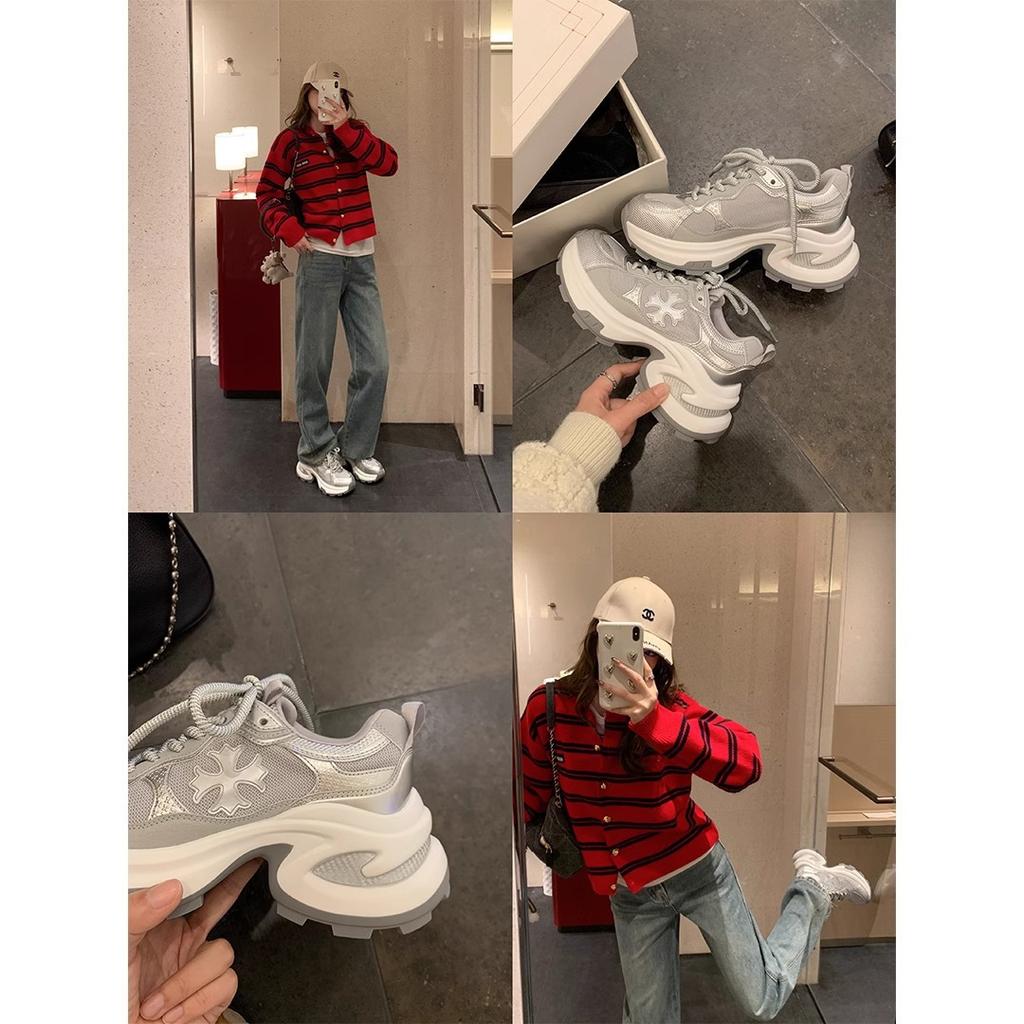 The Same Height Increase 7.5cm~ Cross Flower Platform Casual Sports Shoes Women's Inner Height Increase Dad Shoes Running Shoes