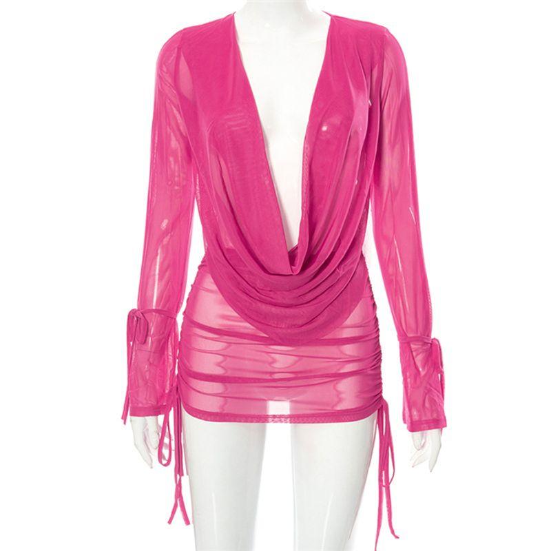 

Fashion Sexy Deep V See-through Suit Dress Mesh Rose Red M