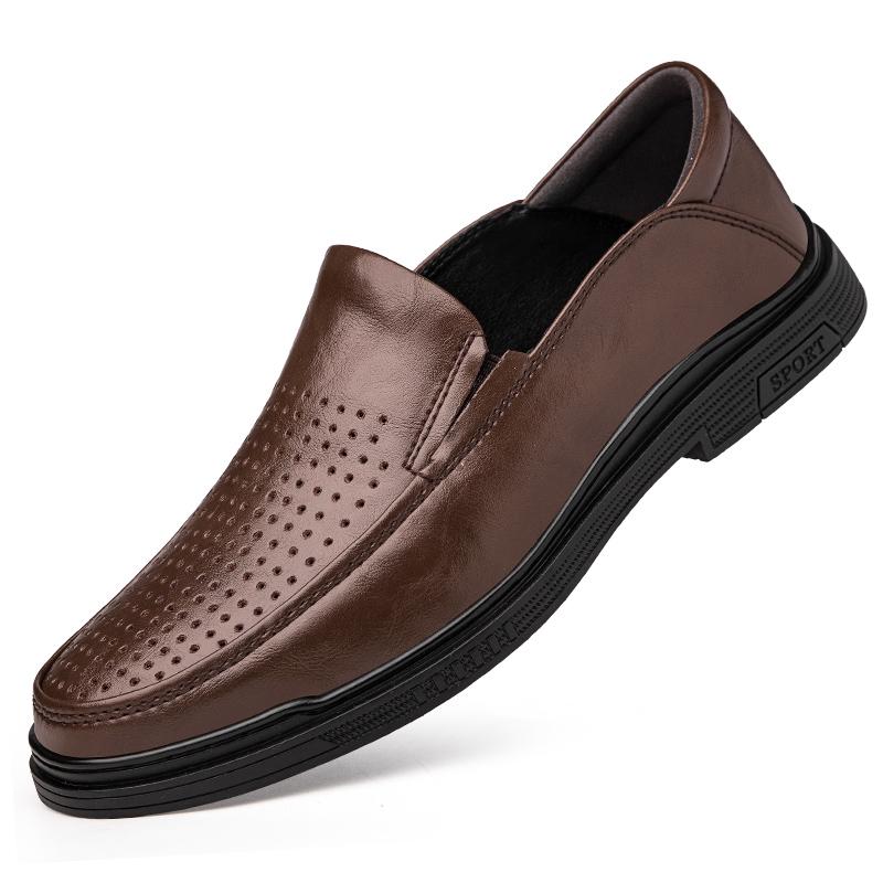 Business Men Genuine Leather Shoes Leather Anti-slip Rubber Loafers  Man Casual Shoes Summer Breathable Hollow Out Leather Shoes