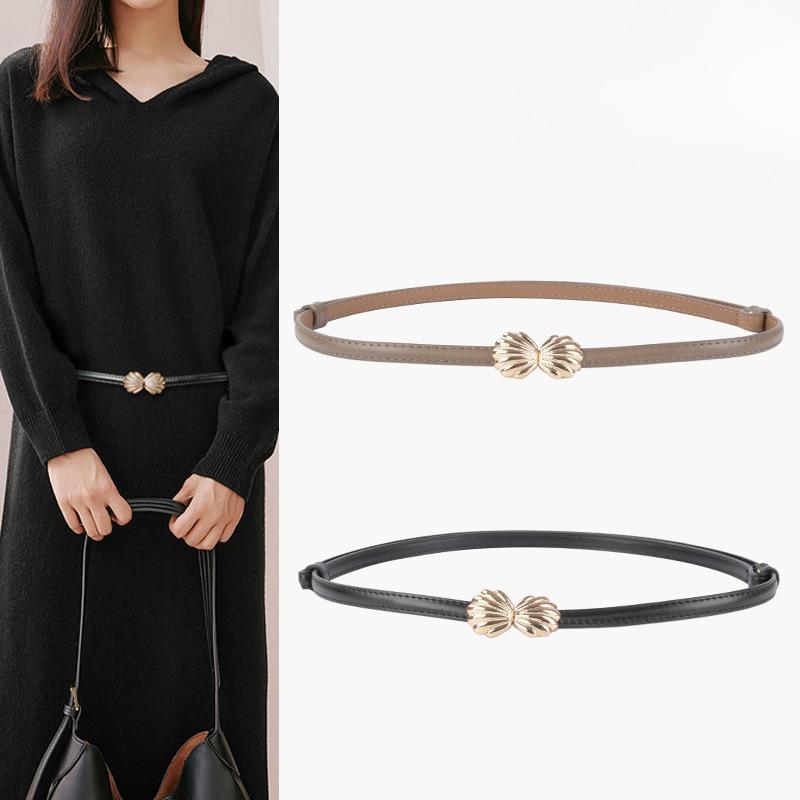 Women's Genuine Leather Cowhide Belt Slim Waistband with Dress Suit Non-hole Buttoned Women's Shell Belt