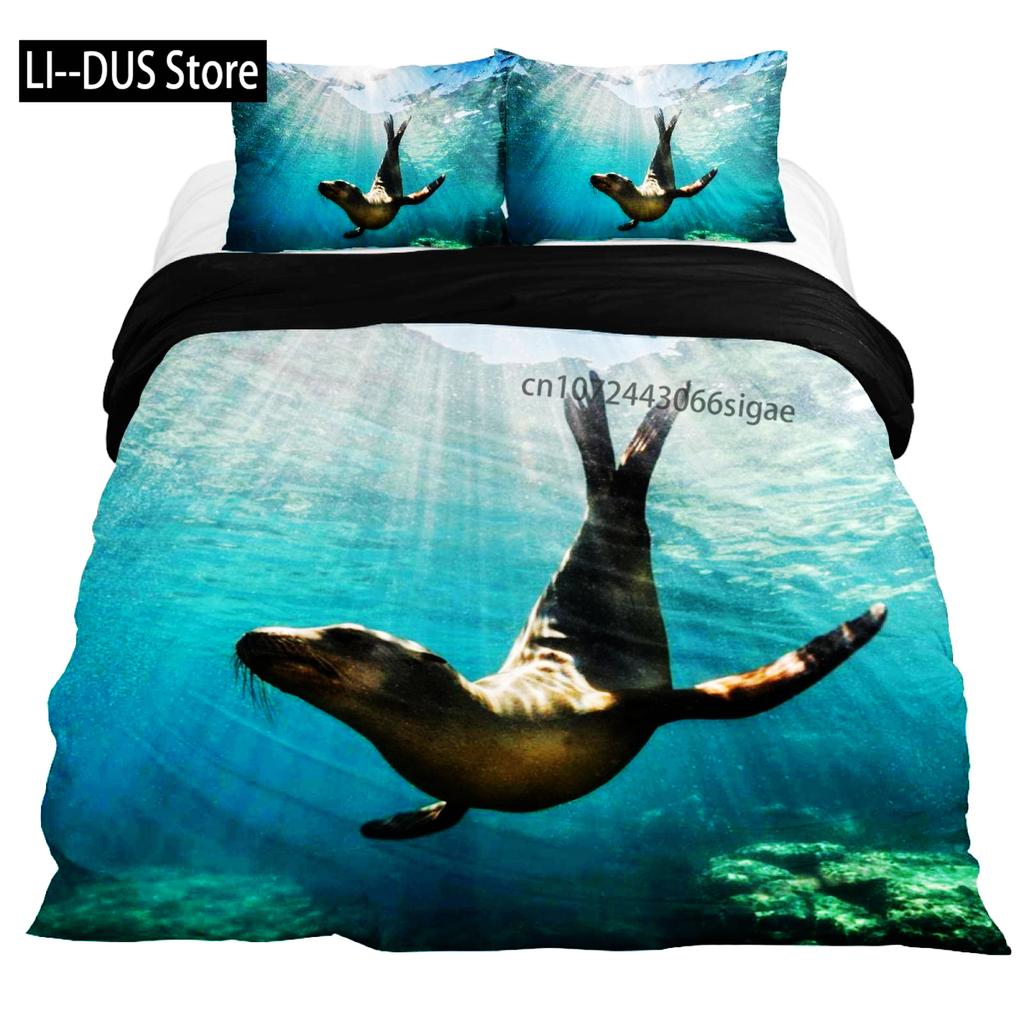 3D Sea Lion Duvet Cover King/Queen SizeCute Cartoon Sea Lion Sleeping Print Bedding Set For Kids Boysocean Animals Quilt Cover