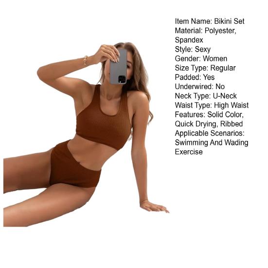 2Pcs/Set Women Bikini Set U-Neck Sleeveless Removable Padding Bra High Waist Swimming Trunks Set Ribbed