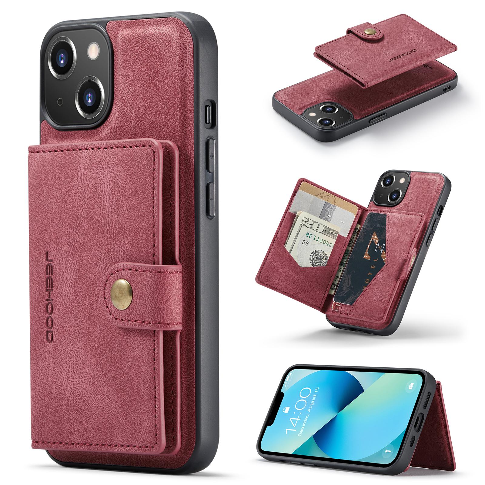 

For iPhone 14 Plus Case JEEHOOD J01 Retro Leather Phone Back Cover with Detachable Magnetic Card Holder