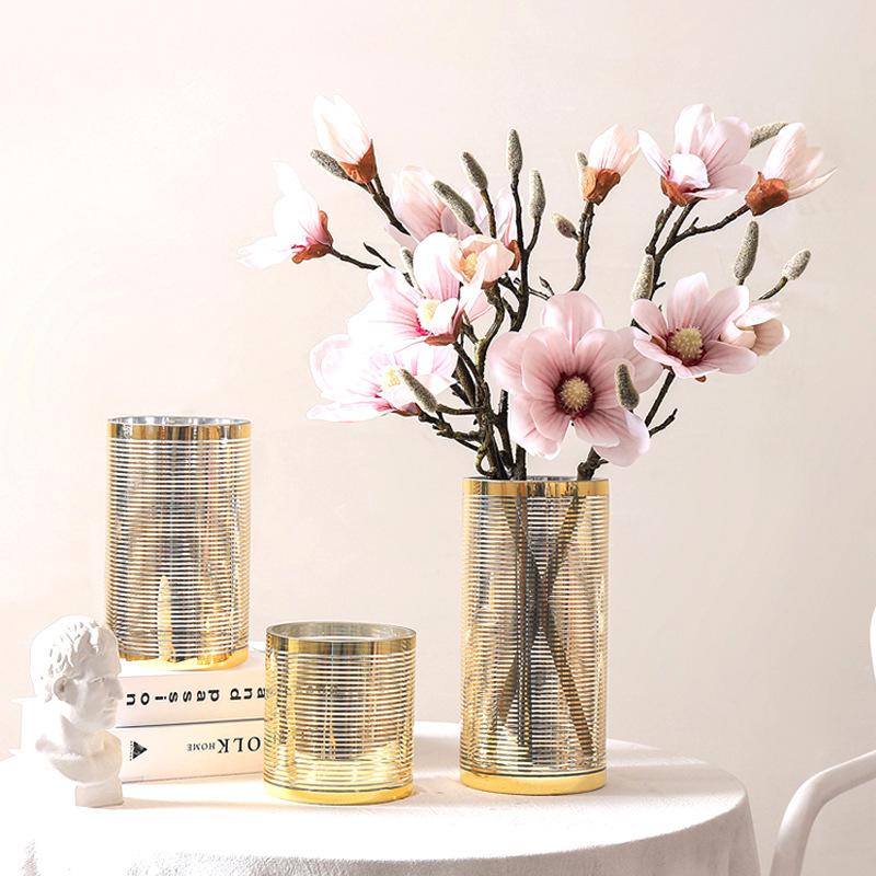 

Transparent Golden Glass Vase Hollow Out Flower Arrangement Hydroponics Accessories Flower Vase Cylindrical Home Decoration