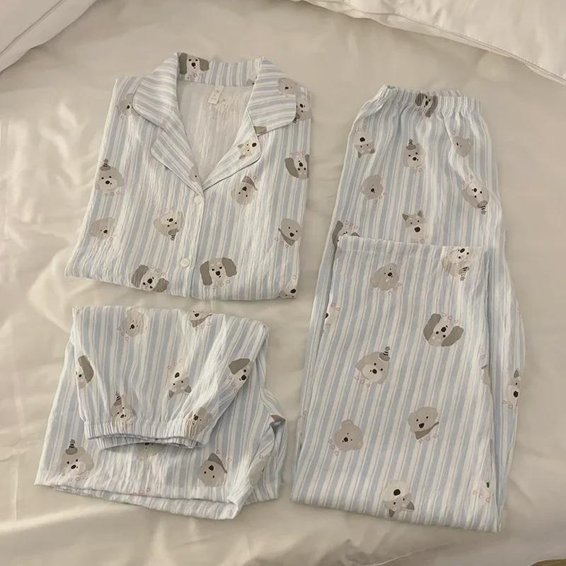 Sommerlicher Pyjama aus Baumwolle mit Blumenmuster: Dreiteiliges Kurzarm-Set im japanischen Stil für Damen – süße Homewear im Stil der Internet-Prominenten.