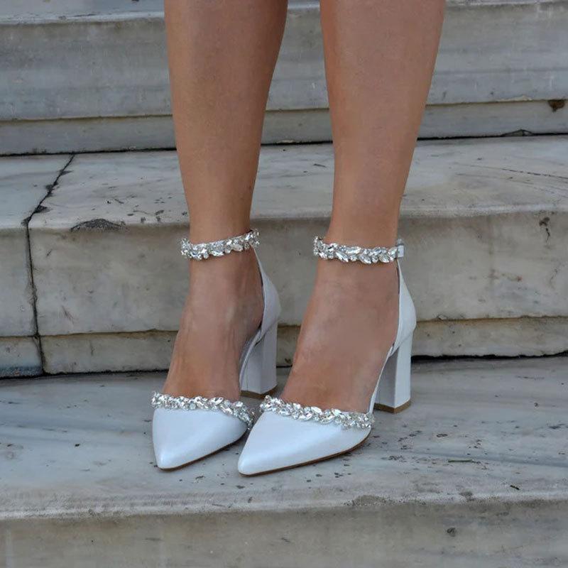 White pointed high heels thick heel spring and summer new rhinestone temperament bag head word with shallow mouth sexy women's shoes