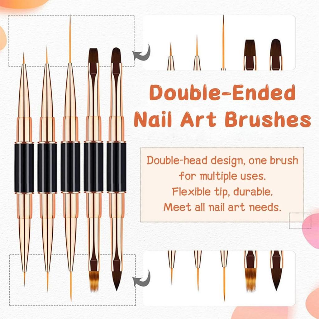 5Pcs Nail Art Brushes Set Double-Ended Professional Gel Polish Nail Art Design Painting Tools for Nail Salon Home DIY