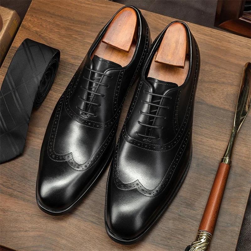2024 Pointed Lace up Cowhide Social Shoe New Luxury Men's Business Dress Oxford Leather Shoes Male 2024 Spring Autumn British Style