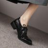 Krazing Pot Sheepskin Round Toe Thick Heels Autumn Lace Up Block Shoes Women Retro Fashion Pumps