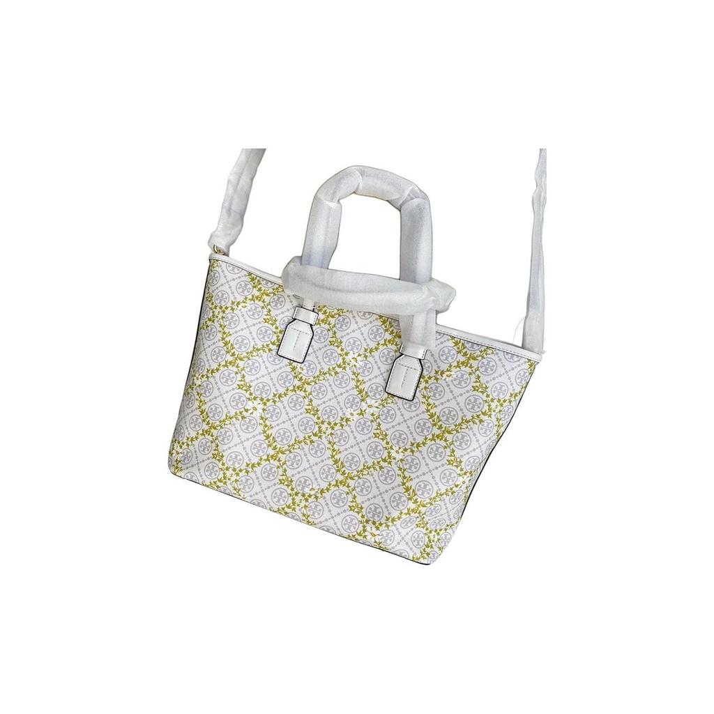 Tory Burch T Monogram Floral Vine Pattern Leather Tote Bag Women Tote Ivory 82594-107