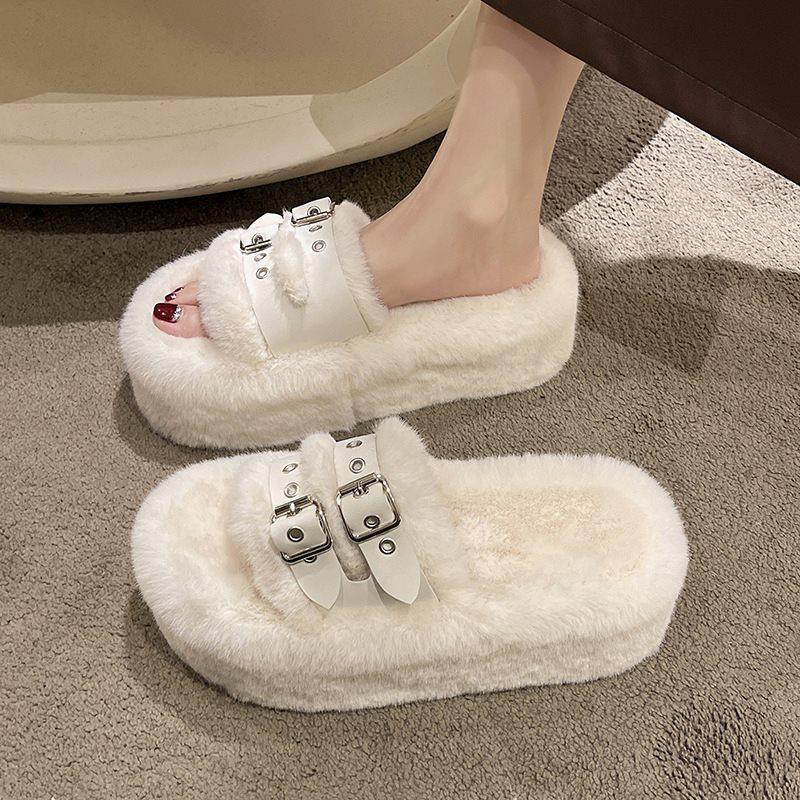 Cotton slippers Internet celebrity 2025 flat bottom fluffy slippers women wear autumn and winter new rabbit fluffy word black