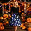 Women Crew Neck Halloween Print Dress Long Sleeve Casual A Line Midi Dress with Belt and Themed Pattern for Holiday Events