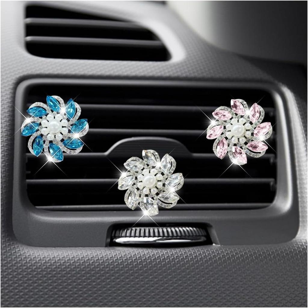 3PCS Bling Diamond Flower Car Air Vent Clips, Cute Crystal Rhinestone Interior Clip-On Air Conditioning Outlet Decoration, Car Vent Clip Charm for