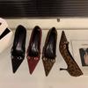 Pointed single shoes, light mouth and thin splicing, leopard print splicing, one pedal metal buckle, sexy temperament, high heels, women's thin heels