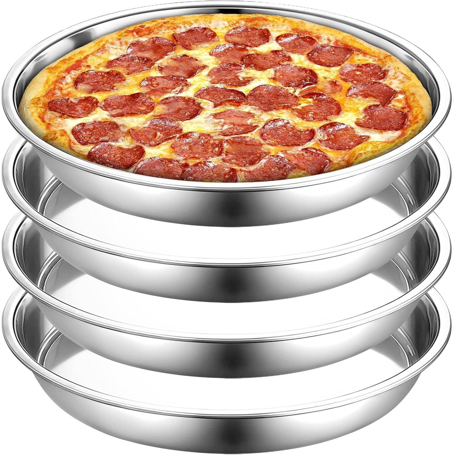4 Pack 13 Inch Stainless Steel Pizza Pan, Deep Dish Round Baking Pan Large Pizza Baking Tray, Heavy-Duty Pizza Dish Non-Stick Baking Sheet for Oven
