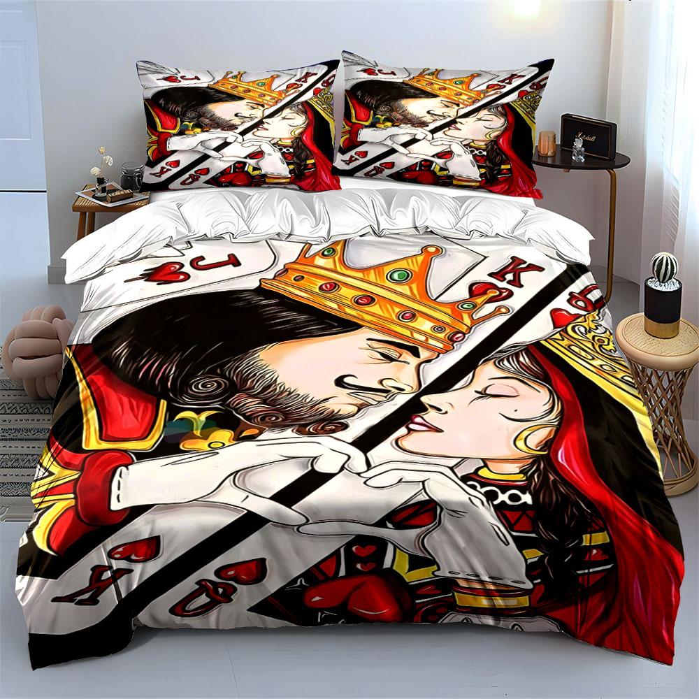 Romantic King and Queen Playing Cards Print Bedding Set 1 Duvet Cover 2 Pillowcases for Adult and Children Luxury Gift
