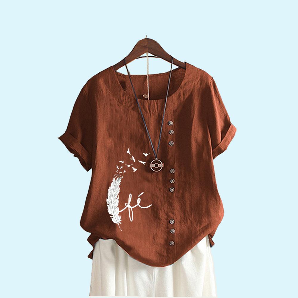 Women Fashion Print Short Sleeve Blouse Summer Casual Round Collar Cotton Linen T-shirt Pullover Loose Top