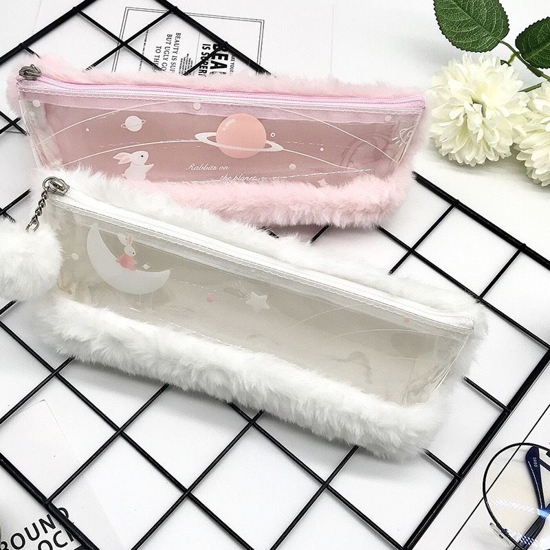 Minimalist Spliced Semi-transparent Pencil Case for Girls Rabbit Japanese-style Cute and Fashionable First-grade Fluffy Portable Stationery Storage